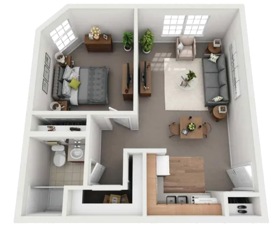 One bedroom, 585 sq ft floor plan — Comfort Cove Senior Living, West Bloomfield