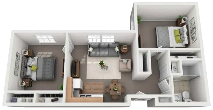Two bedroom, 645 sq ft floor plan — Comfort Cove Senior Living, West Bloomfield