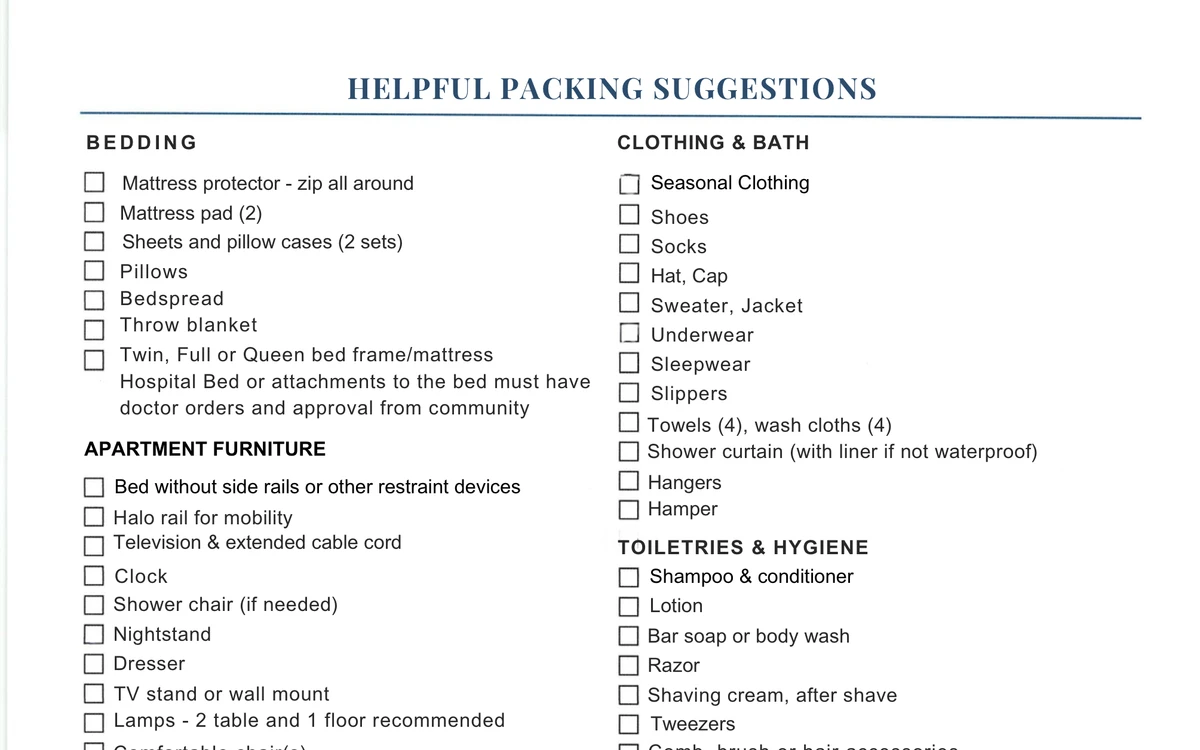 The Comfort Cove helpful packing suggestions checklist, listing bedding, apartment furniture, clothing and bath, and toiletries to bring to a first apartment