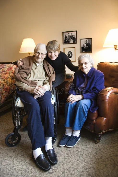Richard with his parents, residents at Comfort Cove Senior Living in West Bloomfield, MI